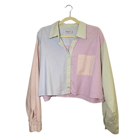 184. Arizona Jean Co. Vintage Color Block Stripe Crop Button Down Top - Picture 6 of 10